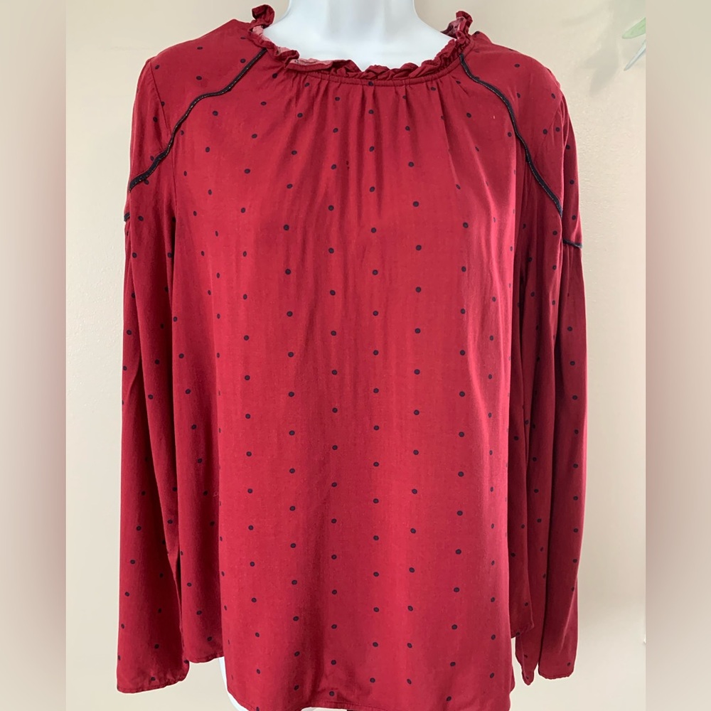 Crown & Ivy Maroon Blouse with Navy Dots and Trim